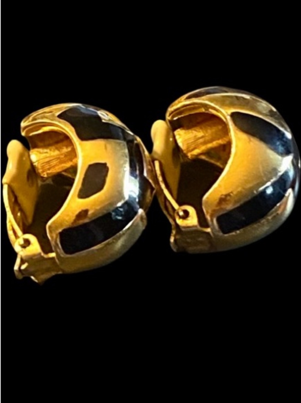 Vintage Gold Plated Black Enamel Clip-On Earrings Signed Ciner Dome Geometric
